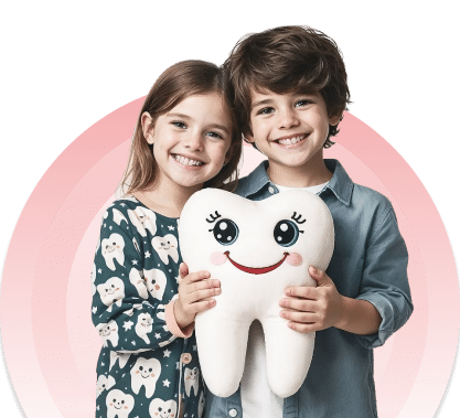 Two smiling children, holding a large white plush tooth with a happy face.
