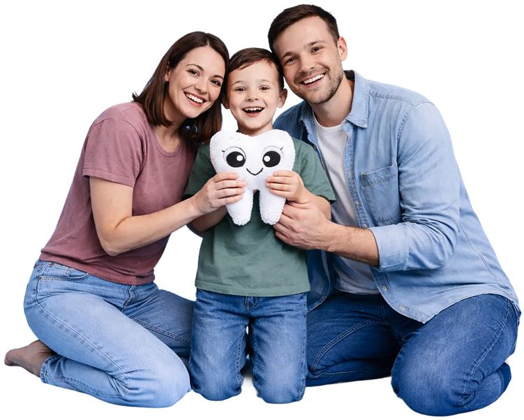A smiling family of three posing, with the young son holding a plush tooth