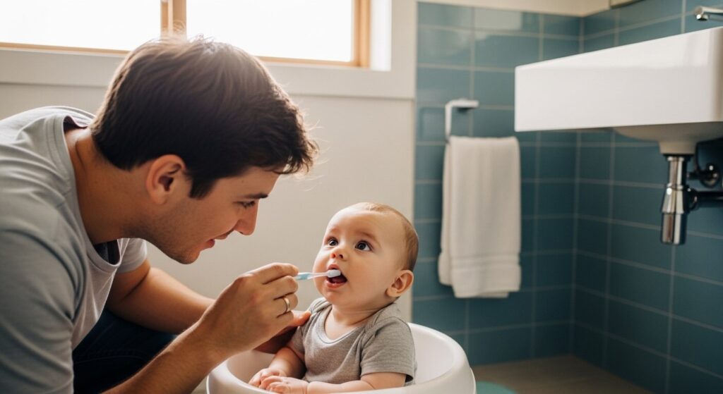 parent brushing baby teeth before first dentist visit preparation