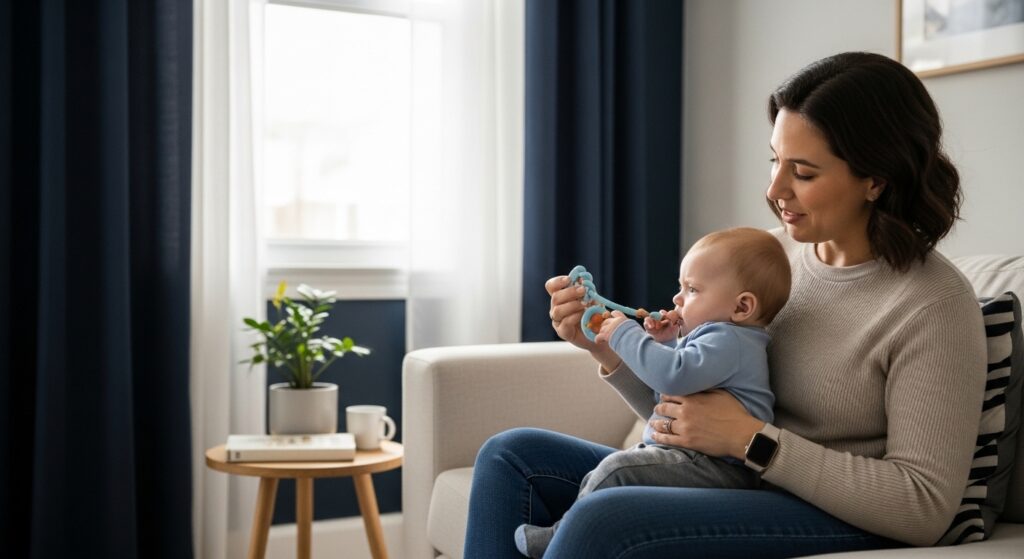 Calm parent soothing a teething baby in a soft, modern home environment