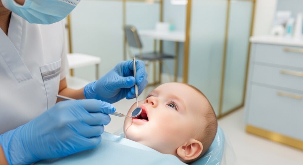 infant dental checkup during the baby's first dental visit exam