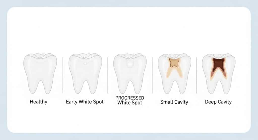 healthy vs early cavity baby teeth showing need for early dental visit