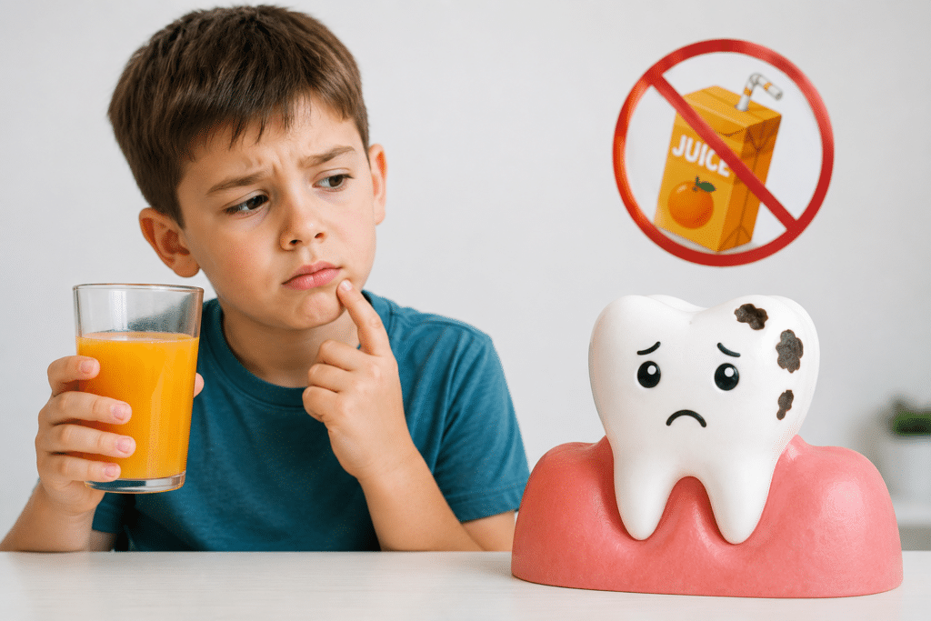 Child holding orange juice next to a damaged tooth model, showing how juice can cause cavities in kids’ teeth.