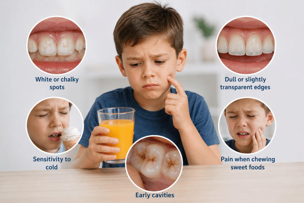 Child holding juice with signs of tooth damage including white spots, sensitivity, early cavities, and tooth pain.