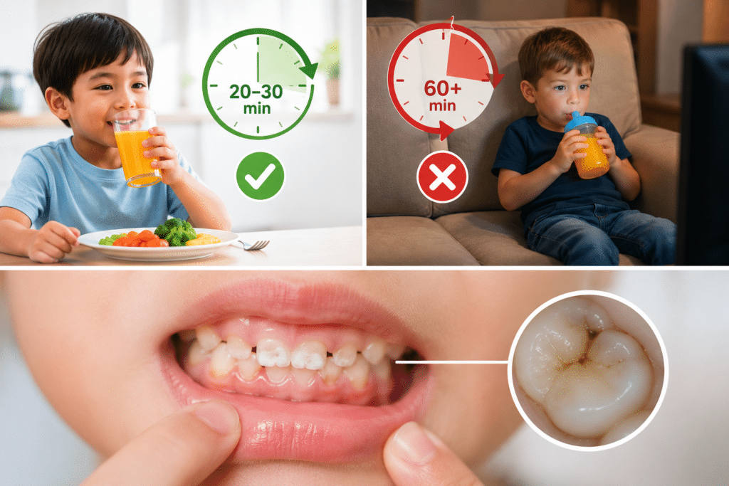 Child drinking juice at mealtime compared to long juice sipping, showing early white spots and cavity risk on teeth.