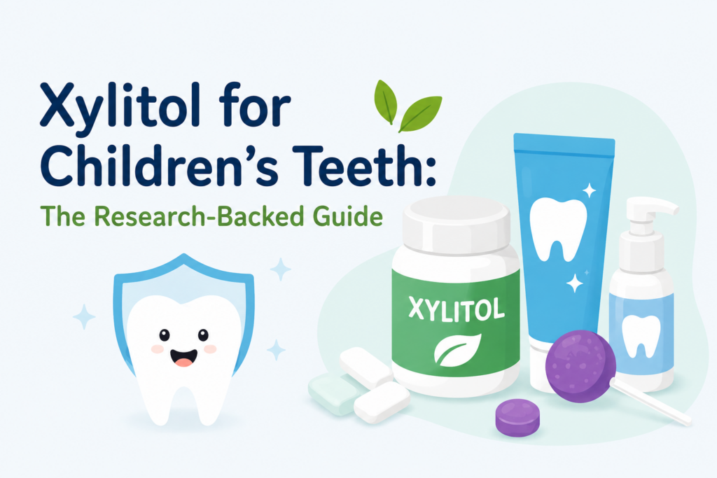 Simple educational illustration showing xylitol dental products, gum, toothpaste, and a smiling tooth for children’s oral health and cavity prevention.
