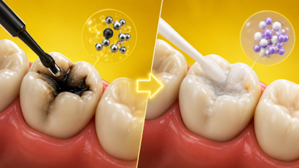 SDF cavity treatment process showing application of fluoride treatment and tooth restoration.
