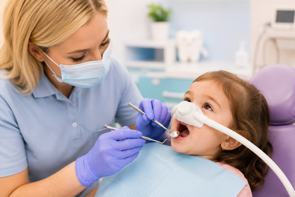 Pediatric dentist providing dental sedation treatment to a calm 2-year-old child during a dental procedure in a kid-friendly clinic.