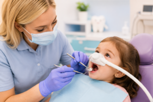 Pediatric dentist providing dental sedation treatment to a calm 2-year-old child during a dental procedure in a kid-friendly clinic.