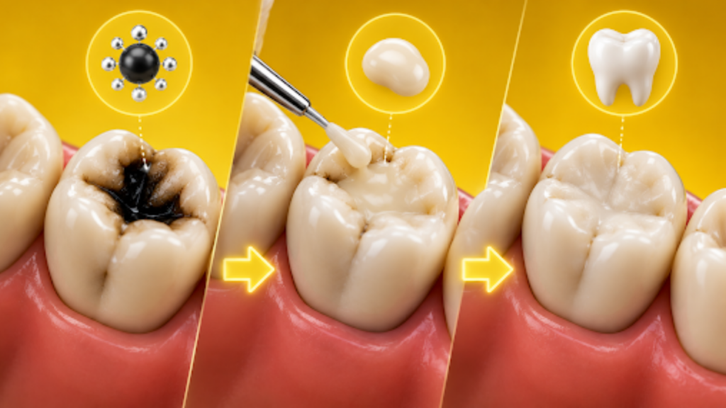 Tooth decay treatment process with a tooth-colored filling restoring a damaged tooth.