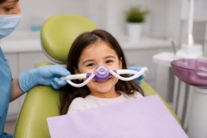 Smiling young girl receiving laughing gas through nosepiece at pediatric dentist