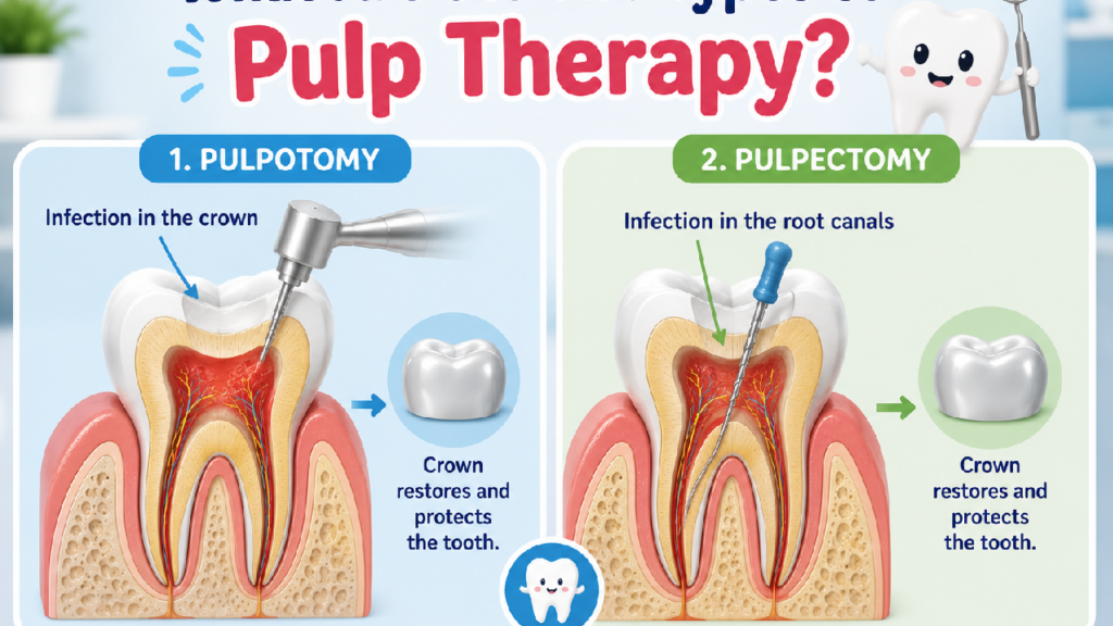 Types of pulp therapy in pediatric dentistry: pulpotomy and pulpectomy.