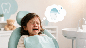 Young child crying after dental sedation during a pediatric dentist visit.