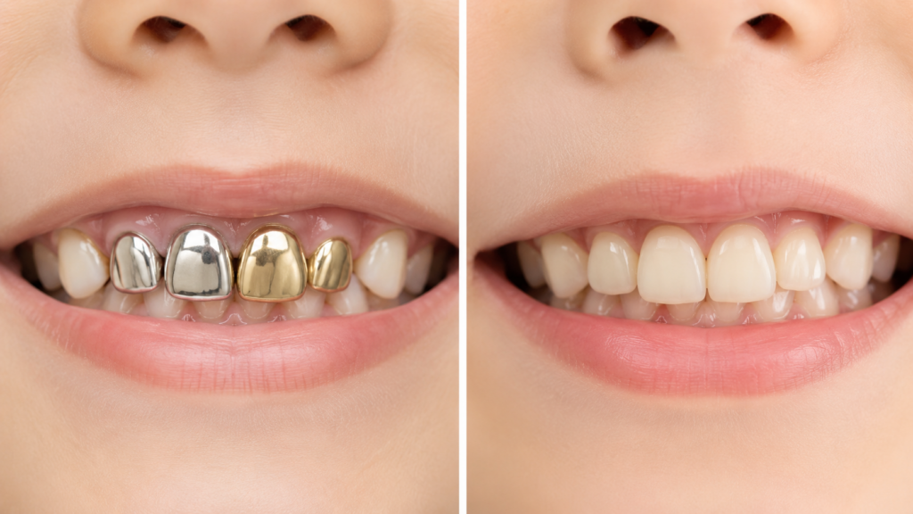 by-side comparison showing a child's teeth before and after treatment with dental crowns.