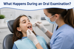Child receiving an oral examination from a pediatric dentist using a dental mirror and explorer during a routine dental checkup.