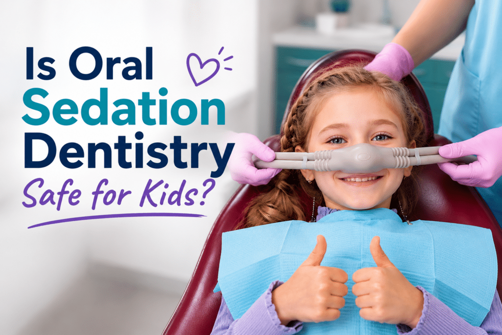 Smiling child receiving oral sedation at a pediatric dental office.
