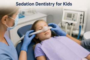 Child receiving sedation dentistry with a nasal mask while a pediatric dental professional monitors and prepares for treatment.
