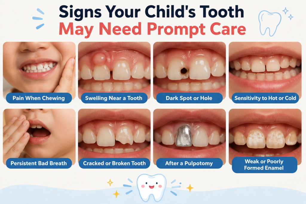 Common signs of dental problems in children include tooth pain, swelling, cavities, sensitivity, and broken teeth.