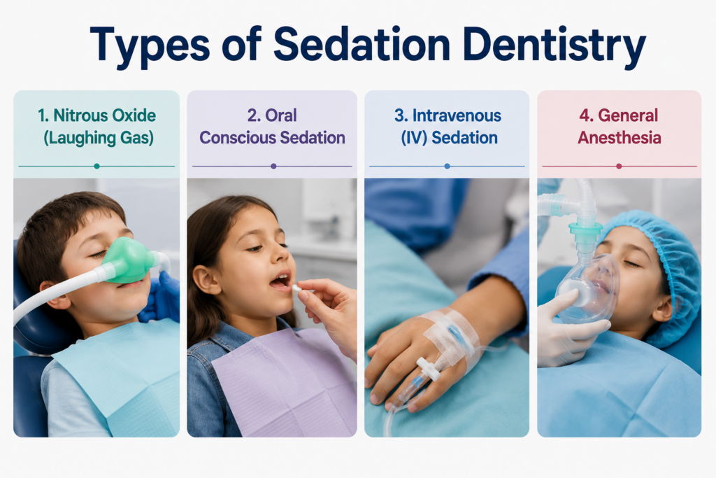 Infographic showing four types of pediatric dental sedation: nitrous oxide, oral conscious sedation, IV sedation, and general anesthesia.