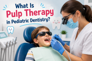 Child receiving pulp therapy treatment from a pediatric dentist to save a damaged baby tooth.