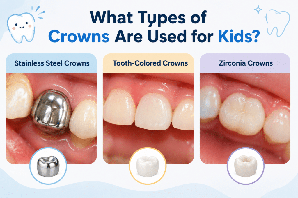 Pediatric dental crown options including stainless steel, tooth-colored, and zirconia crowns.