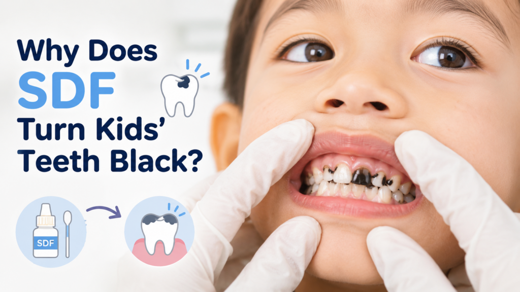 SDF treatment turning kids' teeth black as part of cavity management.