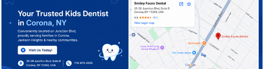 Smiley Faces Dental location banner showing the practice on a map at 35-38 Junction Blvd, Corona, NY, with details about serving families in Corona, Jackson Heights, and nearby communities.