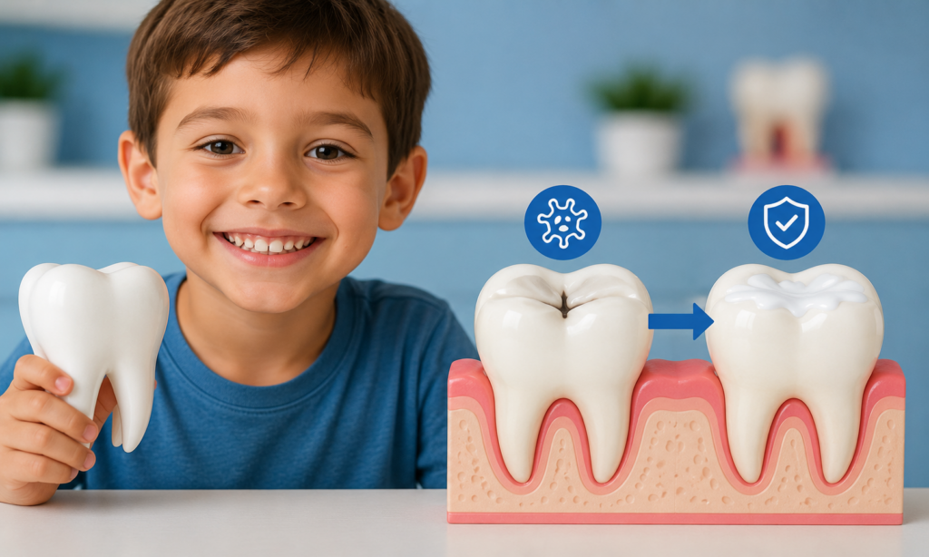 Dental sealants covering deep grooves in children's molars to reduce cavity risk.