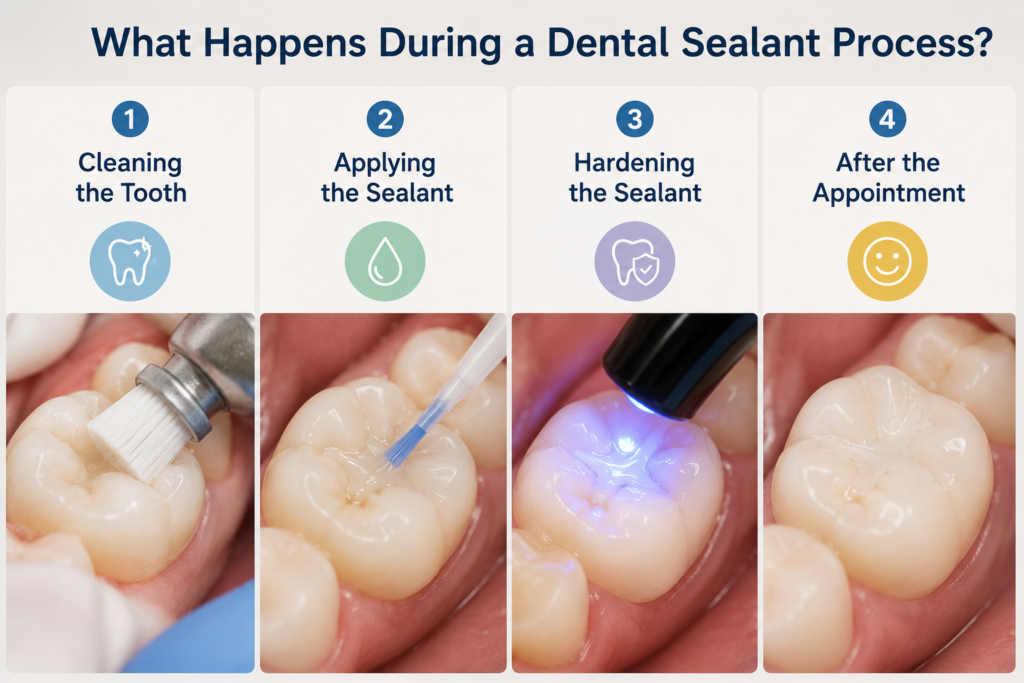 Step-by-step dental sealant procedure for children to protect teeth from cavities.