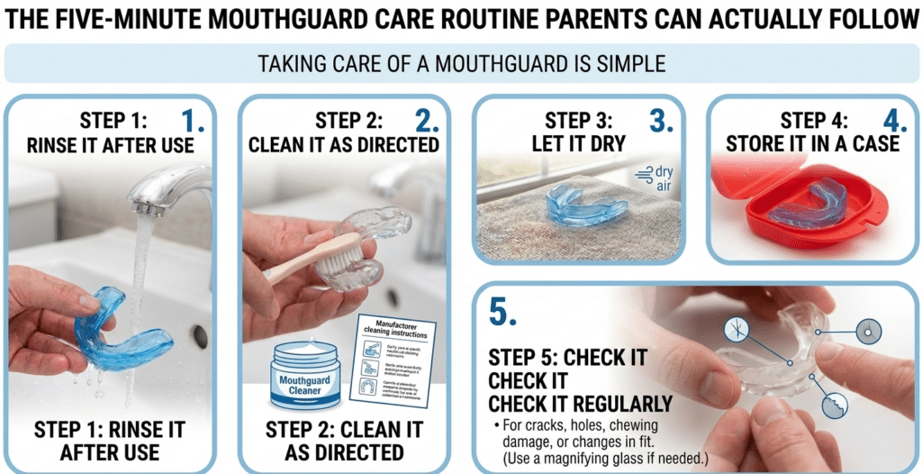 step guide showing how to clean, dry, store, and inspect a child's sports mouthguard for proper care and hygiene.