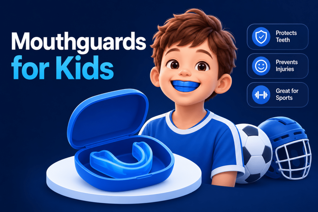 Child wearing a sports mouthguard with a protective mouthguard case, soccer ball, and helmet illustrating mouthguards for kids in sports.