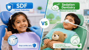 Comparison of SDF and sedation dentistry showing cavity protection with SDF versus a relaxed dental treatment experience using sedation for children.