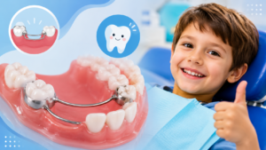 Child wearing a teeth space maintainer to preserve space for permanent teeth after premature baby tooth loss.
