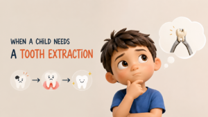 Child thinking about a tooth extraction with illustrations showing tooth decay, infection, and a healthy smile after treatment.