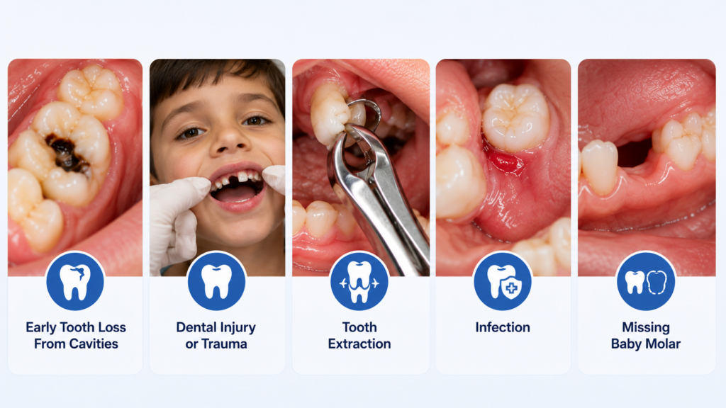 children after early baby tooth loss, dental injury, tooth extraction, infection, or missing baby molar why it's needed