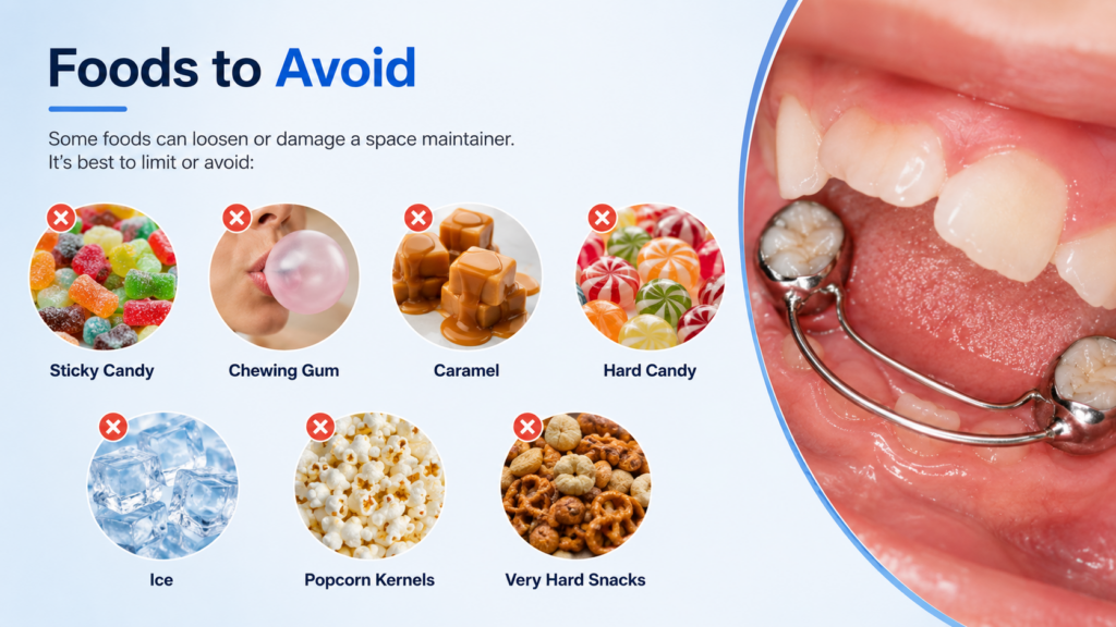 Foods to avoid with for teeth space maintainer such as sticky candy, chewing gum, caramel, hard candy, popcorn kernels, and ice.